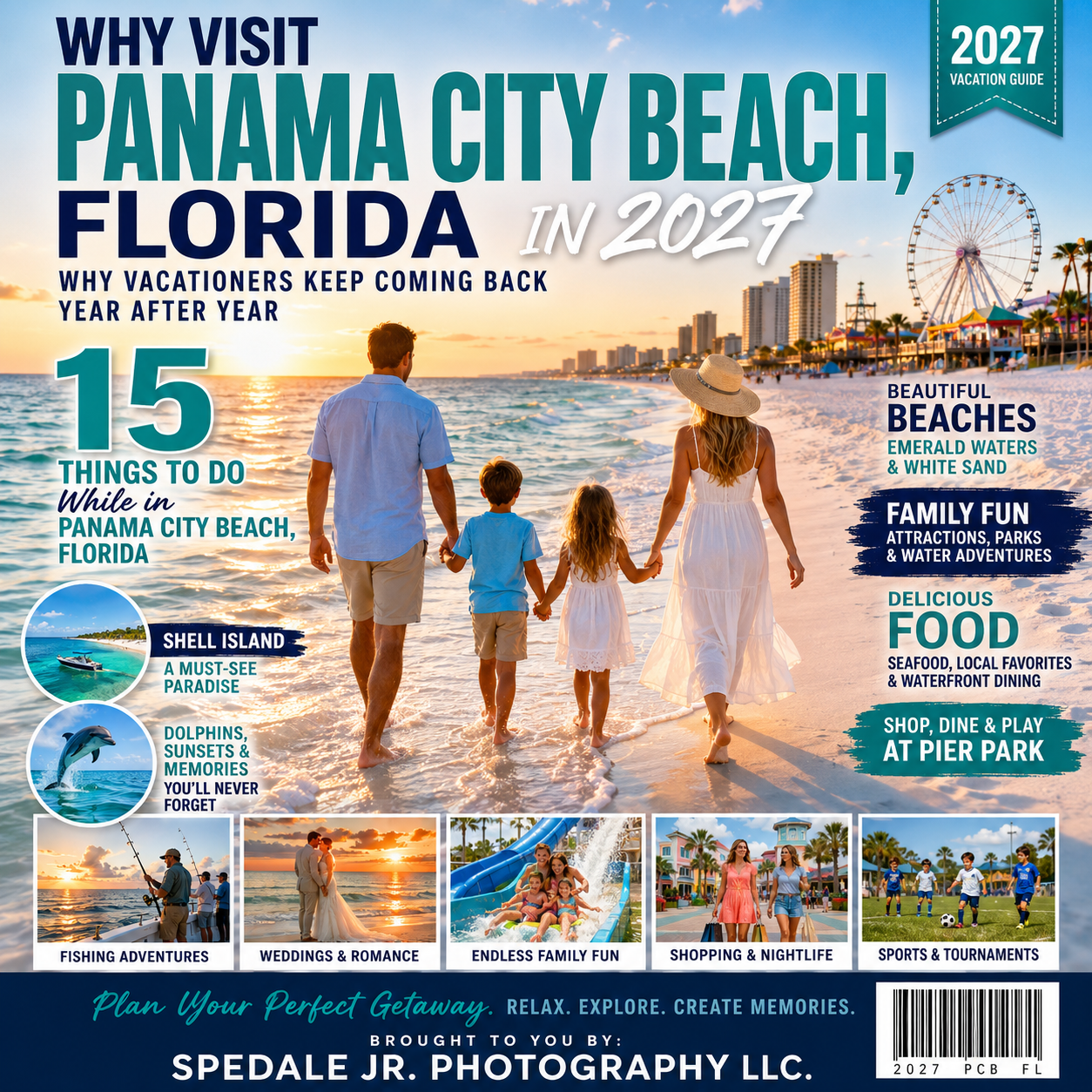 Make a magazine Cover for "Why Visit Panama City Beach, Florida in 2027 - Why vacationers keep coming back year after year. 15 Things to Do While in Panama City Beach, Florida - brought to you by: Spedale Jr. Photography LLC.